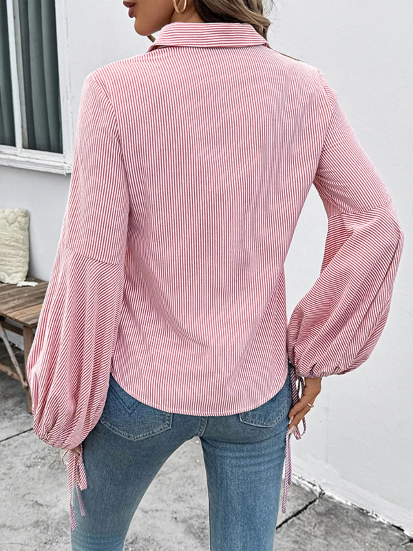 Striped Balloon Sleeve Button-Up Shirt - Tigbul's Variety Fashion Shop