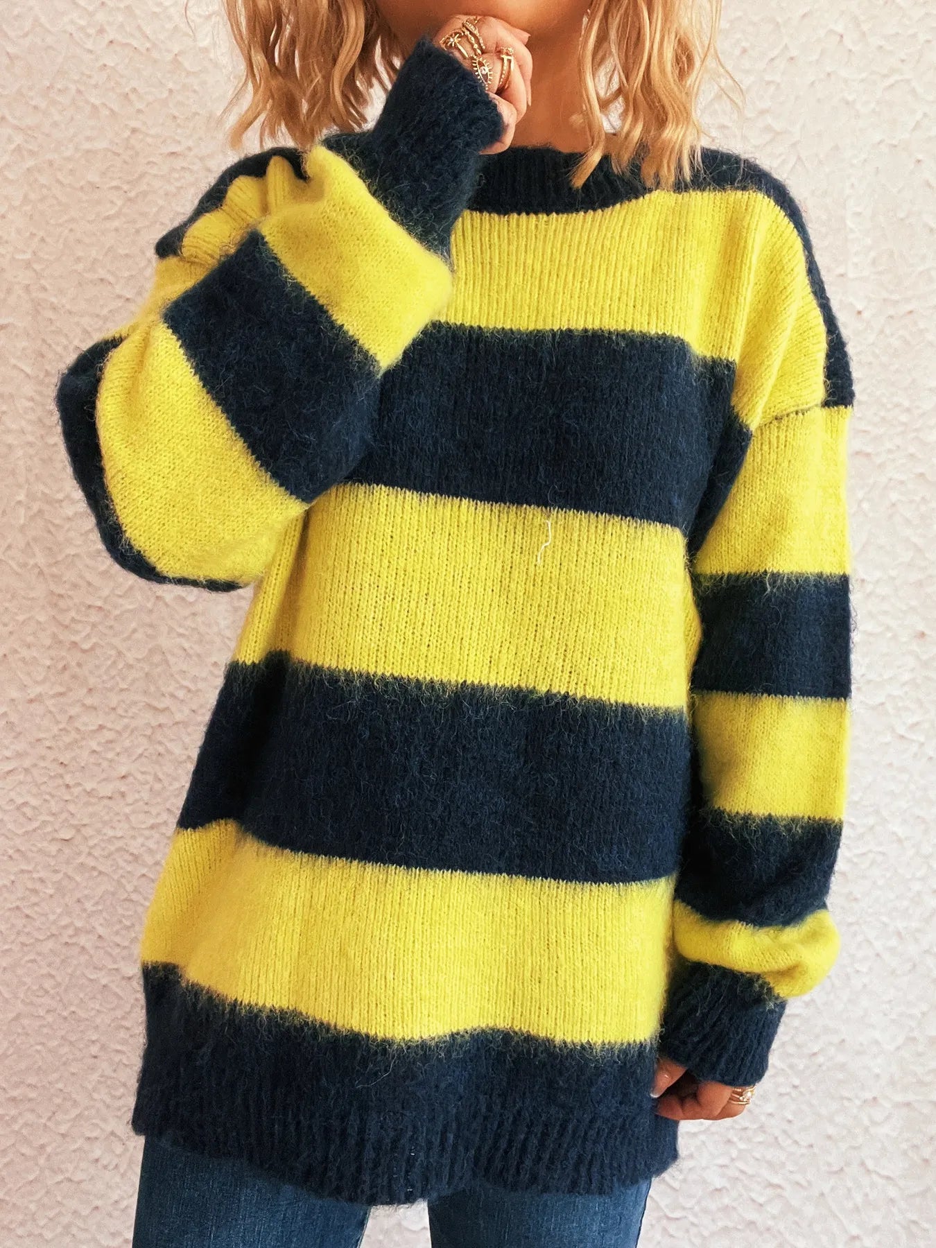 Striped Contrast Long Sleeve Sweater - Tigbul's Variety Fashion Shop