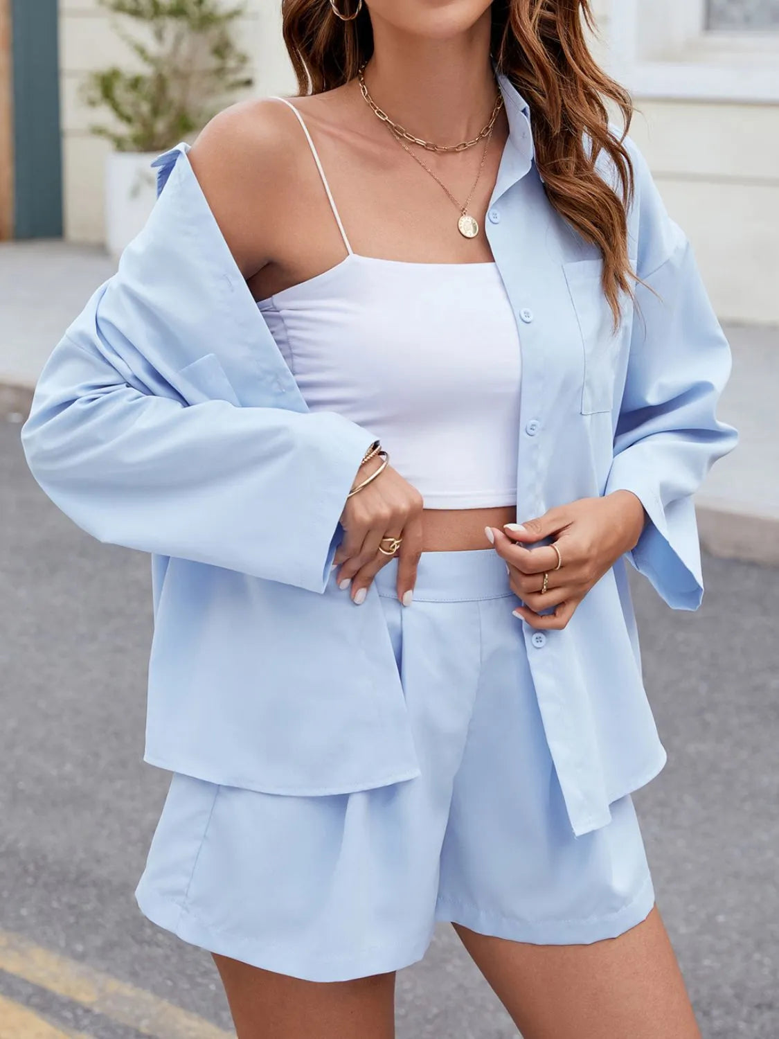 Button Up Long Sleeve Top and Shorts Set - Tigbul's Variety Fashion Shop