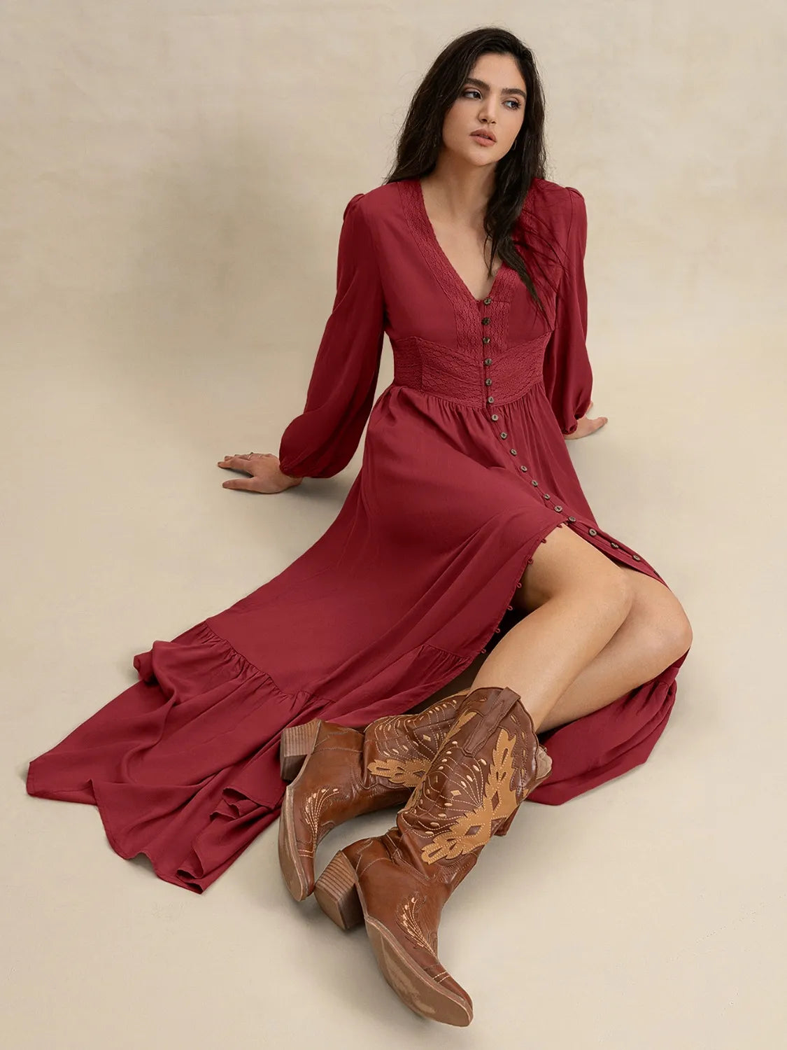 Burgundy V-Neck Balloon Sleeve Ruffled Hem Maxi Dress - Tigbul's Variety Fashion Shop
