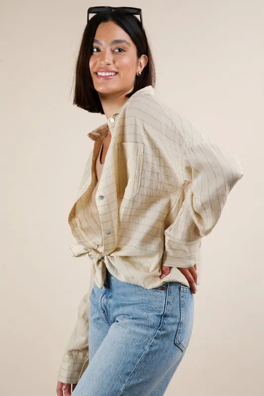 Beige Oversized Striped Button Down Shirt Top - Tigbul's Variety Fashion Shop
