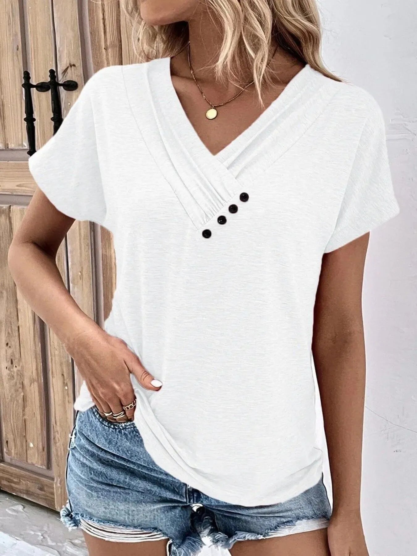 Decor Button Short Sleeve T-Shirt - Tigbul's Variety Fashion Shop