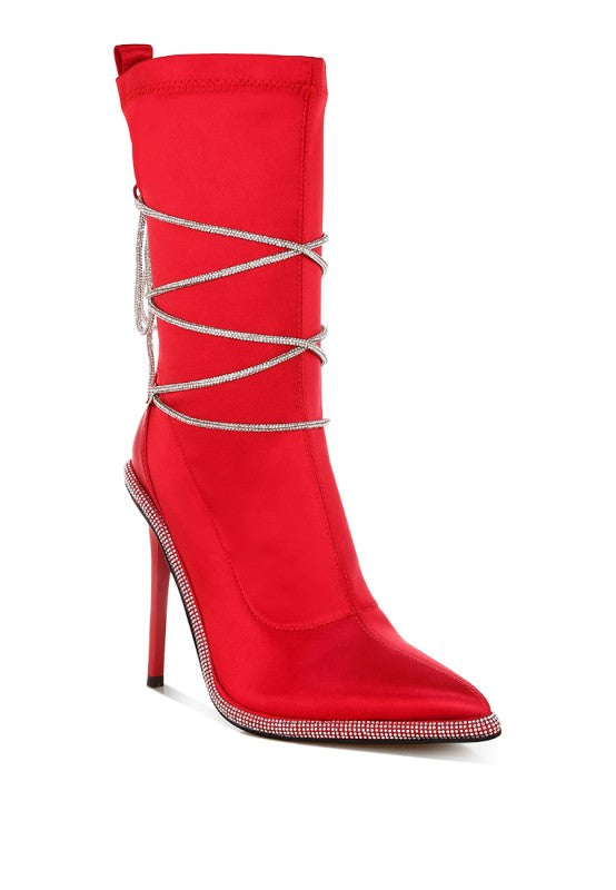 Dacia Rhinestones Strap Metallic Satin Calf Boots 4 inch Heels - Tigbul's Variety Fashion Shop