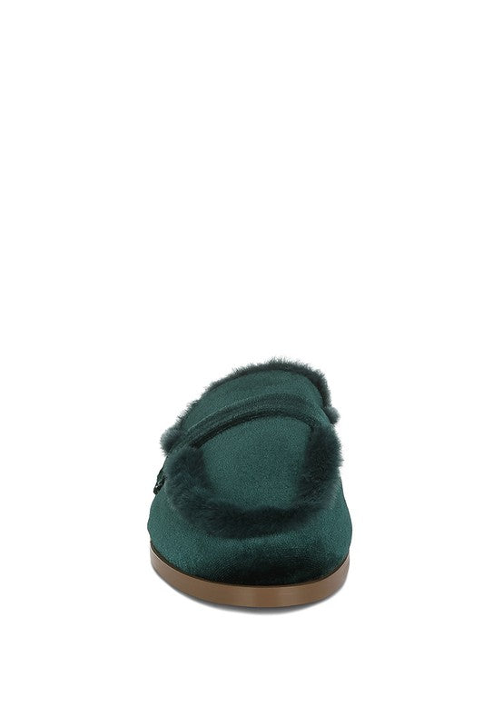 Seyhan Fur Detail Velvet Slip-On Mules - Tigbul's Variety Fashion Shop