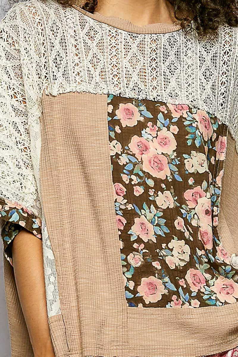 POL Floral Patchwork Lace Accent Blouse - Tigbul's Variety Fashion Shop