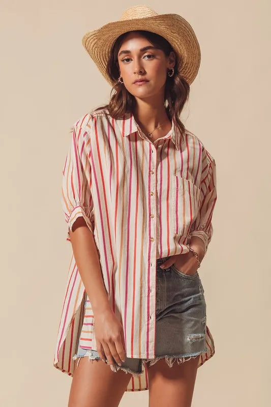 Pink Multicolored Stripe Button Down Shirt - Tigbul's Variety Fashion Shop
