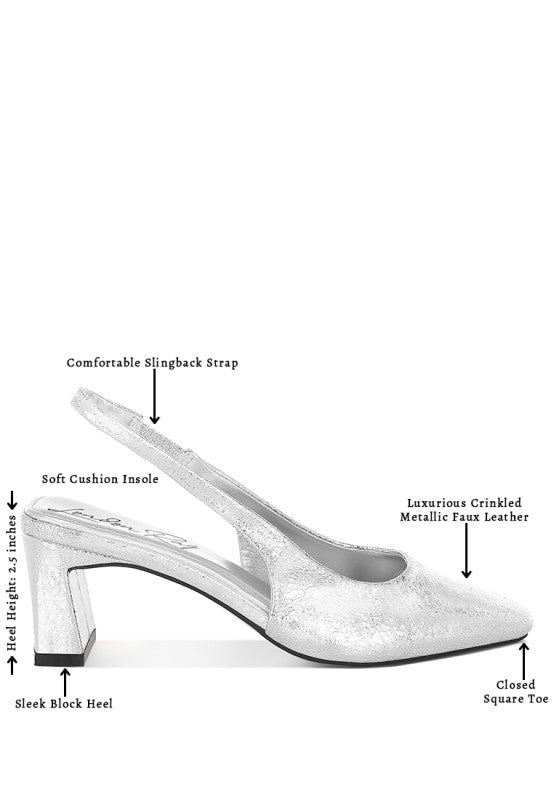 Amberin Crinkled Silver Metallic Square Toe Slingback Heels - Tigbul's Variety Fashion Shop
