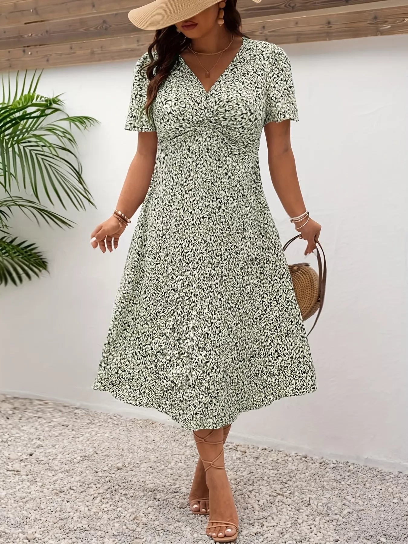 Plus Size Printed V-Neck Short Sleeve Midi Dress - Tigbul's Variety Fashion Shop