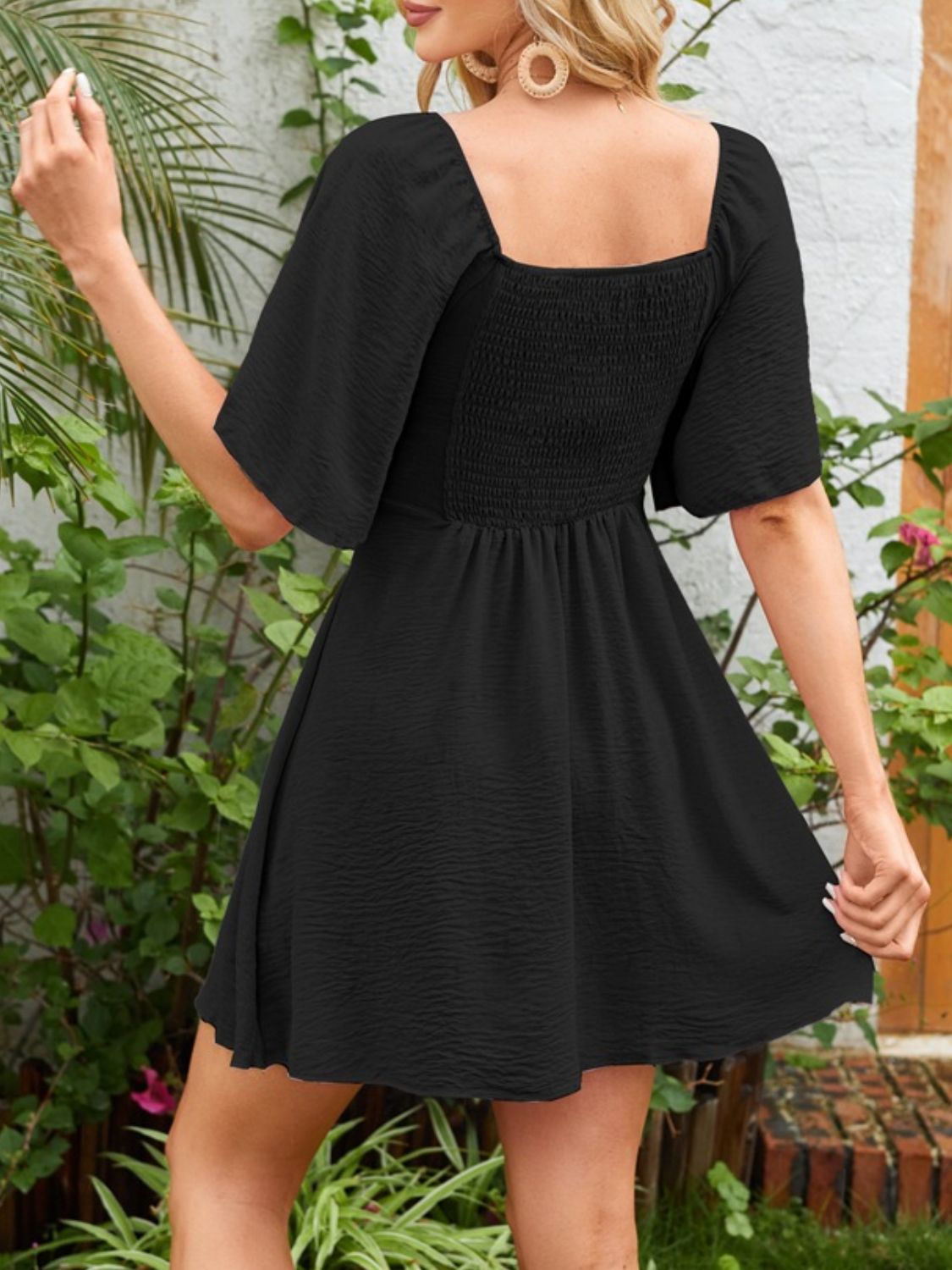 Smocked Back Knotted Flutter Sleeve Dress - Tigbul's Variety Fashion Shop