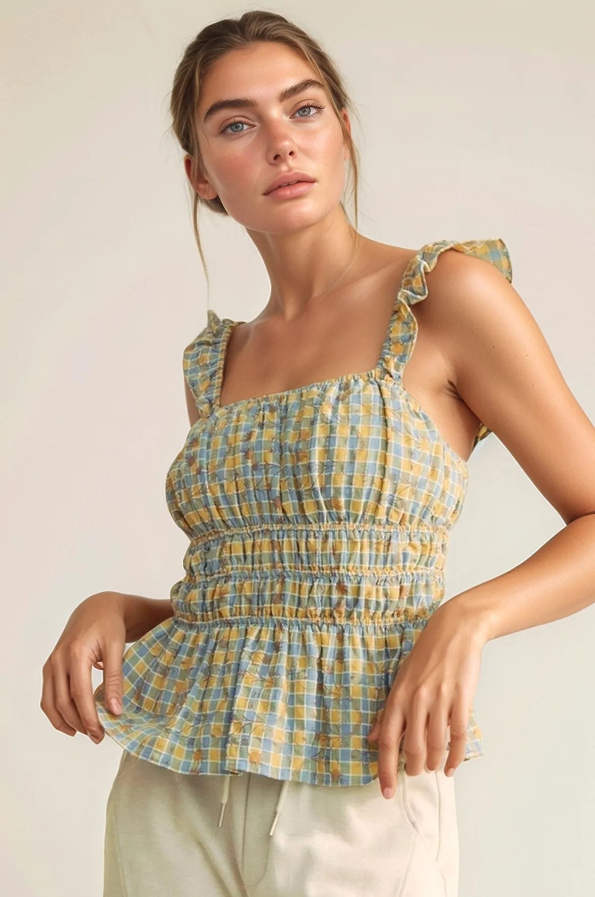 Plaid Ruffled Strap Smocked Blue Sleeveless Top - Tigbul's Variety Fashion Shop