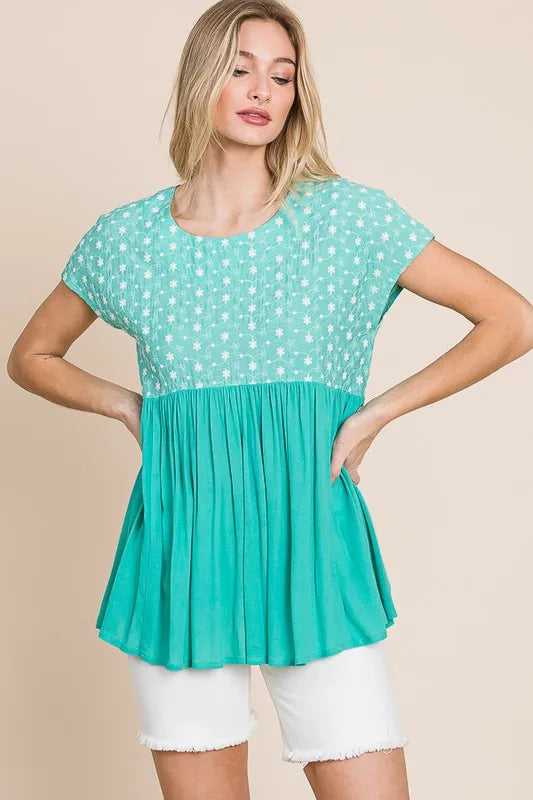 Embroidered Short Sleeve Pleated Babydoll Top Plus Size - Tigbul's Variety Fashion Shop