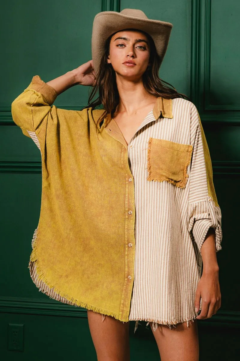 Washed Raw Hem Shirt - Tigbul's Variety Fashion Shop