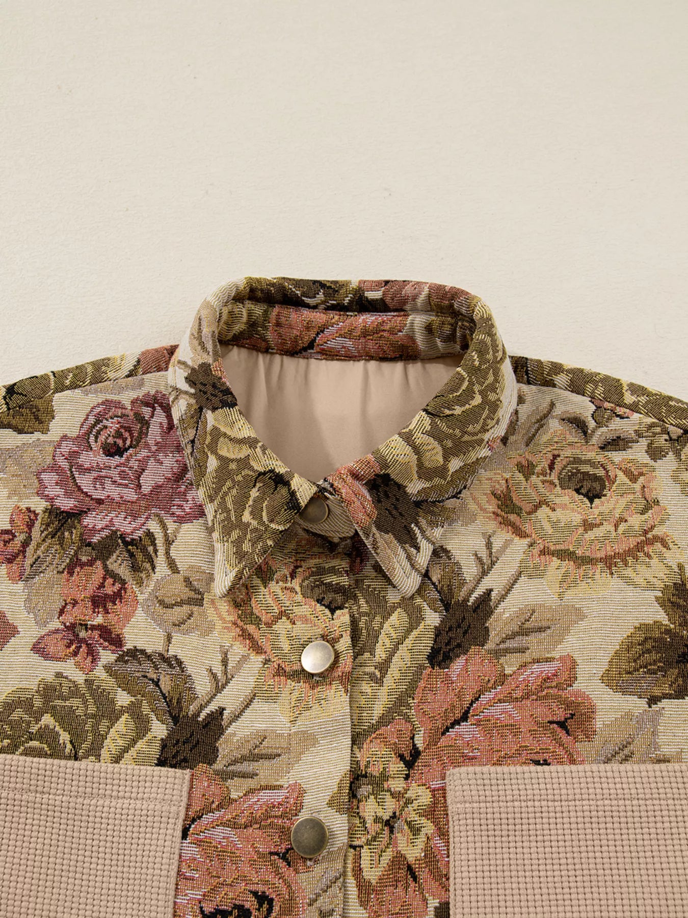 Floral Waffle Knit Patchwork Chest Pockets Buttoned Jacket - Tigbul's Variety Fashion Shop