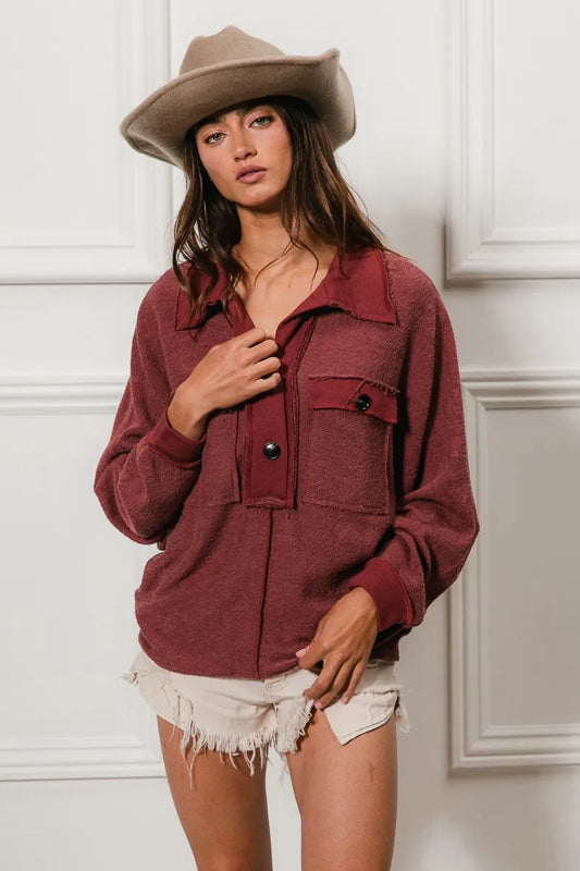 BiBi Cp French Terry Cut Edge Detail Collared Top - Tigbul's Variety Fashion Shop