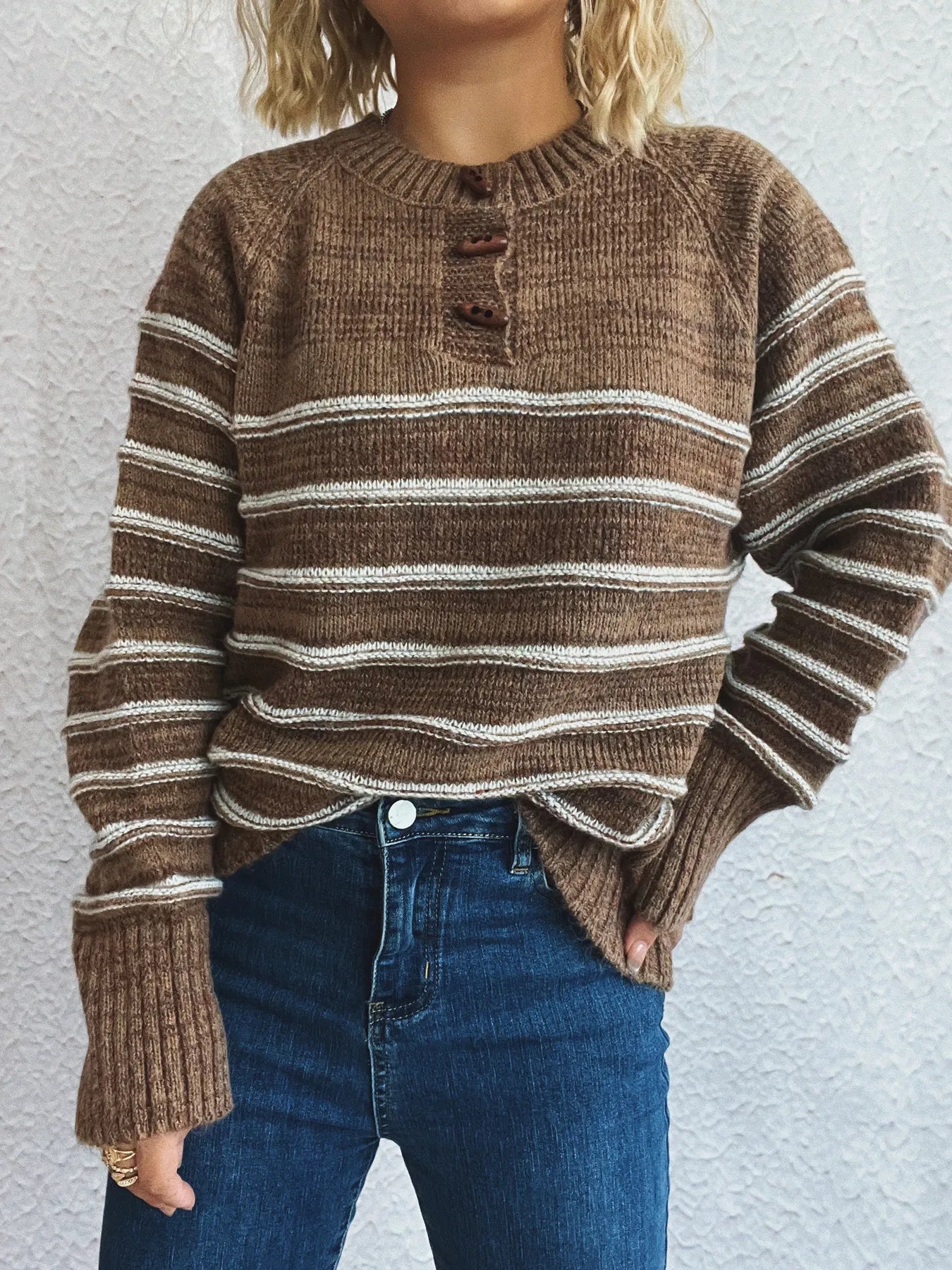 Striped Button Detail Long Sleeve Sweater - Tigbul's Variety Fashion Shop
