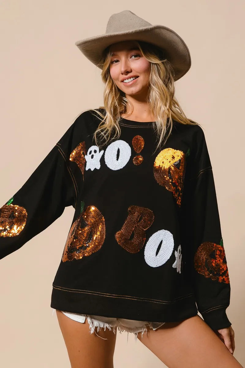 BiBi Halloween Theme Sequin Embroideries Sweatshirt - Tigbul's Variety Fashion Shop