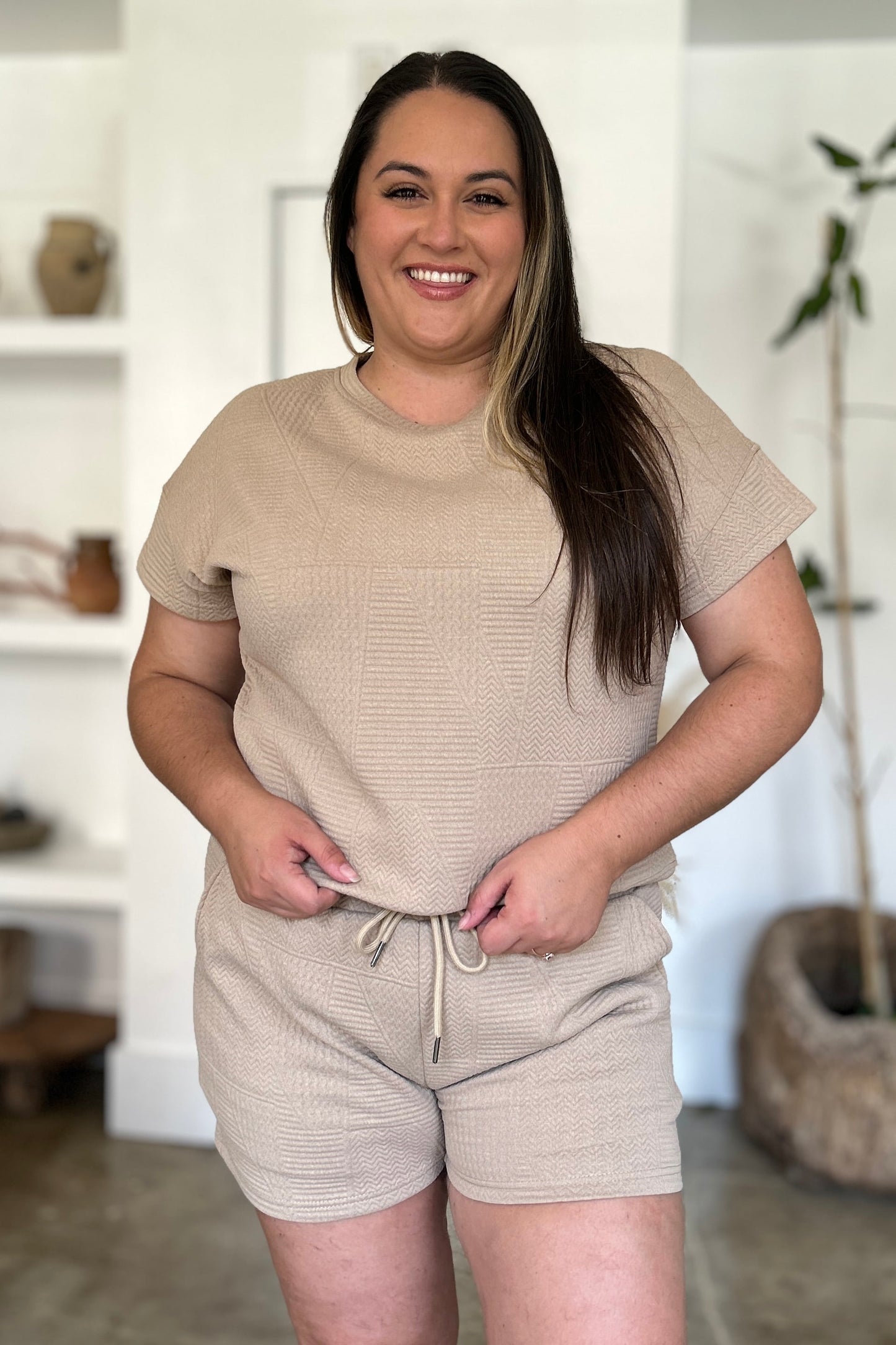 Texture Short Sleeve Top and Shorts Set - Tigbul's Variety Fashion Shop