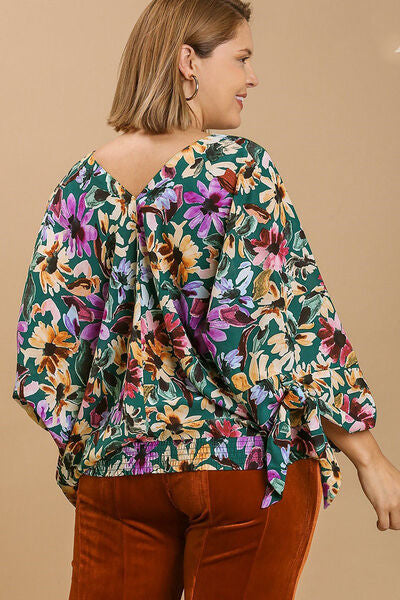 Multicolor Floral V-Neck Tie Sleeve Blouse - Tigbul's Variety Fashion Shop