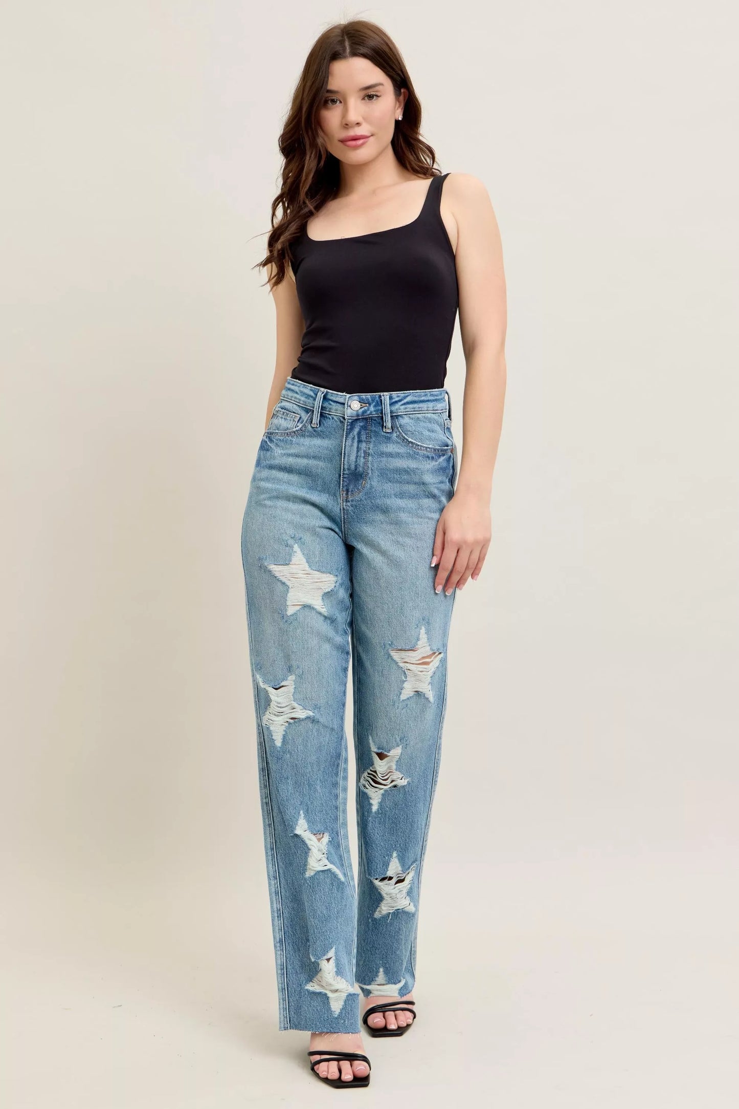 Judy Blue Full Size High Waist Rigid Magic Star Shaped Destroy 90's Straight Jeans Plus Size - Tigbul's Variety Fashion Shop