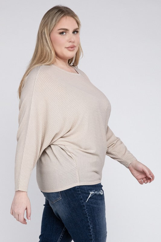 Plus Ribbed Batwing Long Sleeve Boat Neck Sweater - Tigbul's Variety Fashion Shop