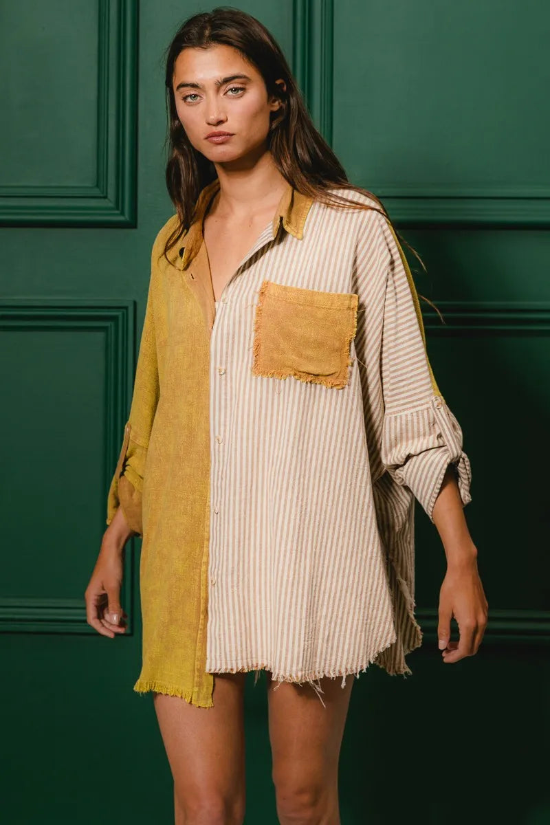 Washed Raw Hem Shirt - Tigbul's Variety Fashion Shop