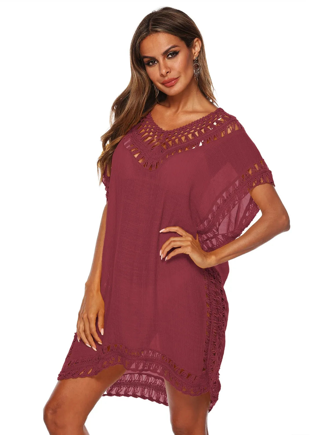 Bohemian Crochet Trim Beach Cover Up Dress - Tigbul's Variety Fashion Shop