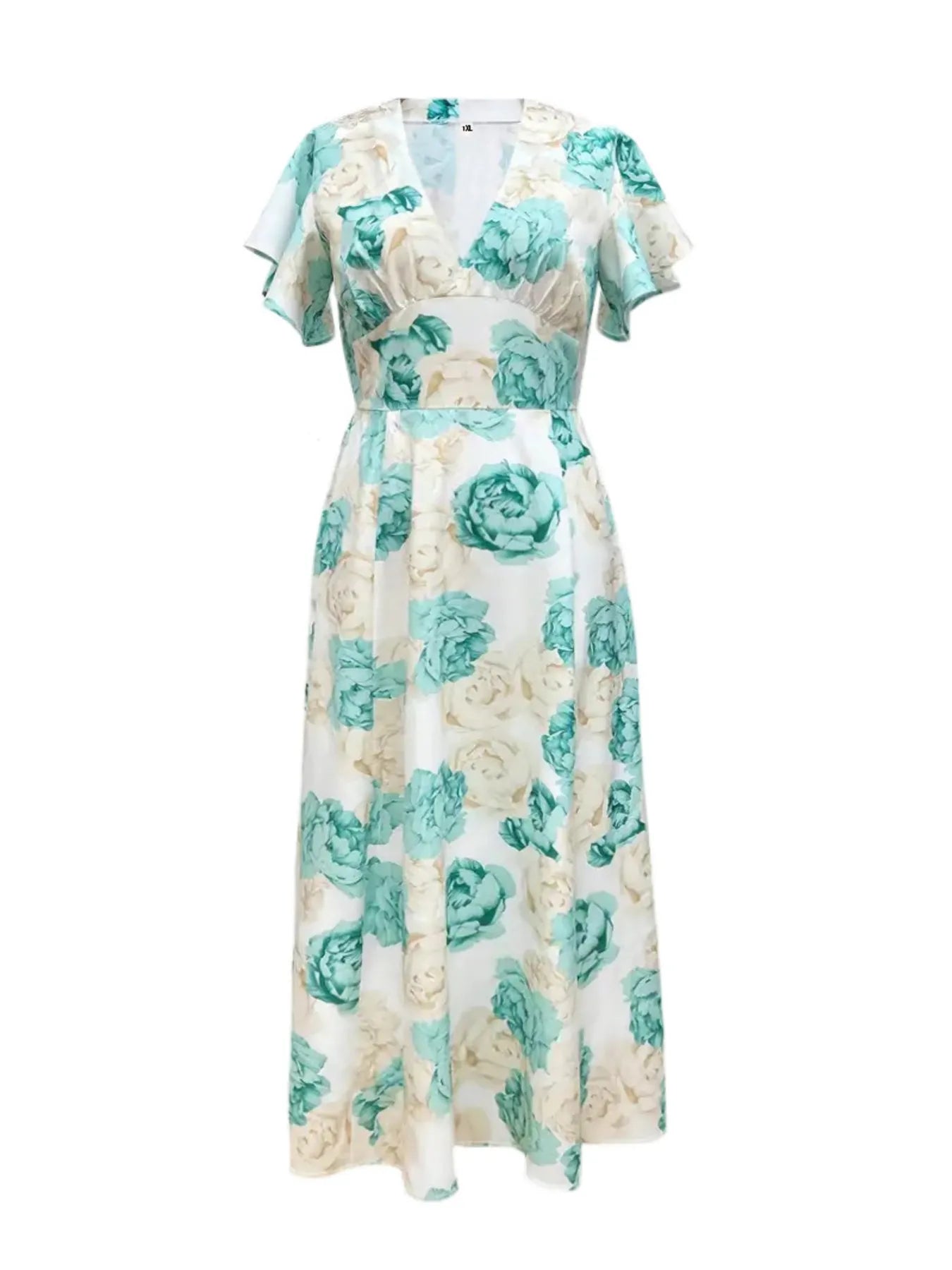 Plus Size Floral Print V-Neck Maxi Dress with Flutter Sleeves - Tigbul's Variety Fashion Shop
