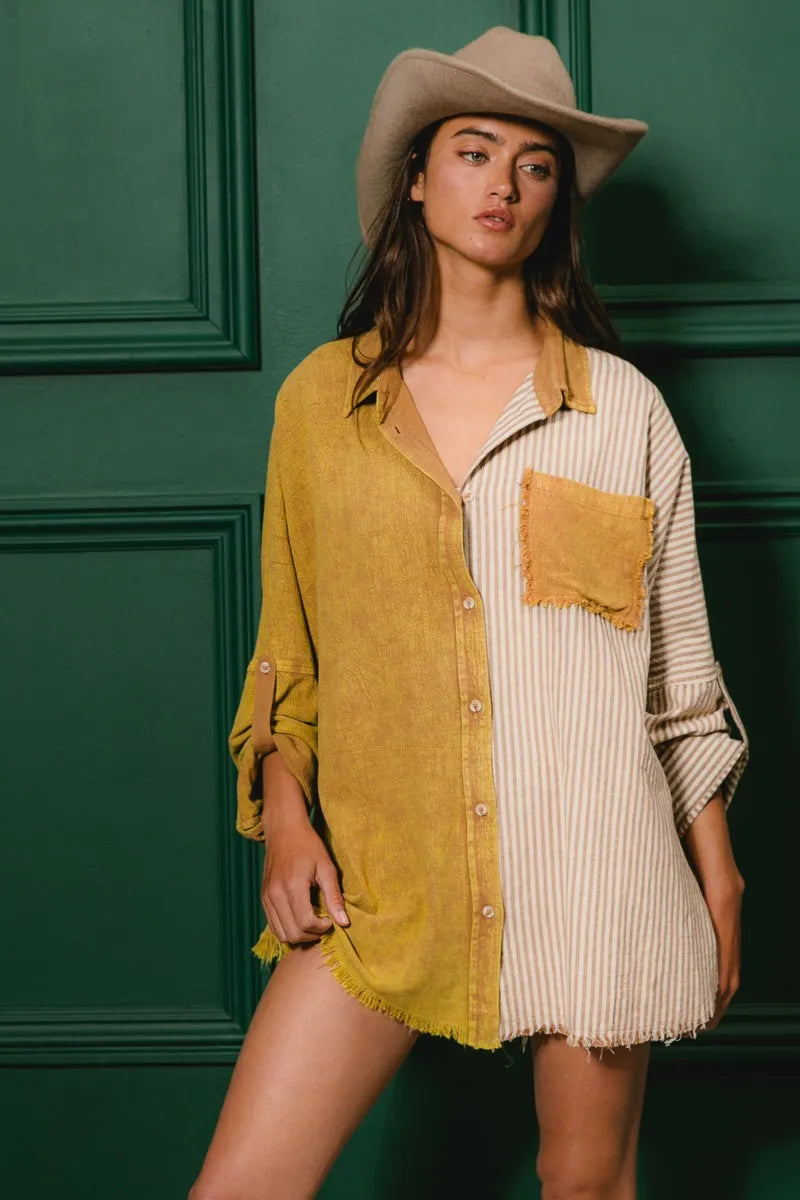 Washed Raw Hem Shirt - Tigbul's Variety Fashion Shop