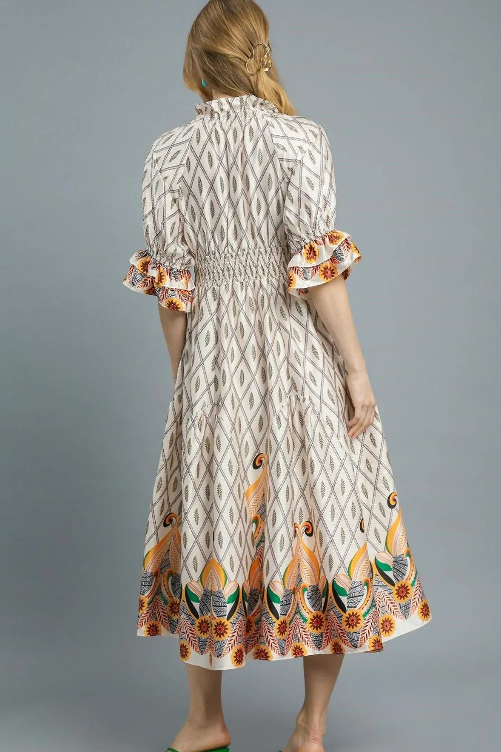 Umgee Printed Smocked Waist Flounce Sleeve Midi Dress - Tigbul's Variety Fashion Shop
