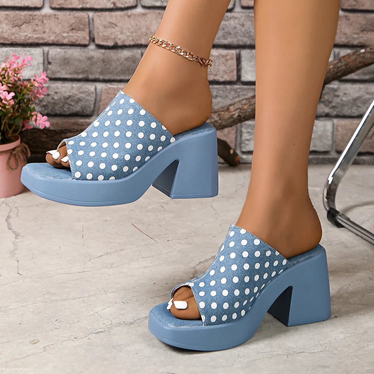 Polka Dot Block Heels Blue Denim Sandals - Tigbul's Variety Fashion Shop