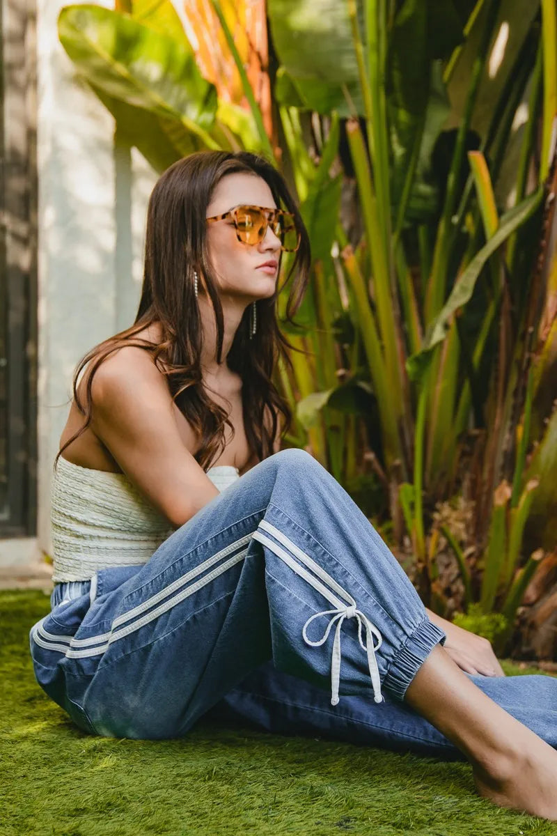 BiBi Striped Tape Details With Bot Tied Point Elastic Waist Jeans - Tigbul's Variety Fashion Shop