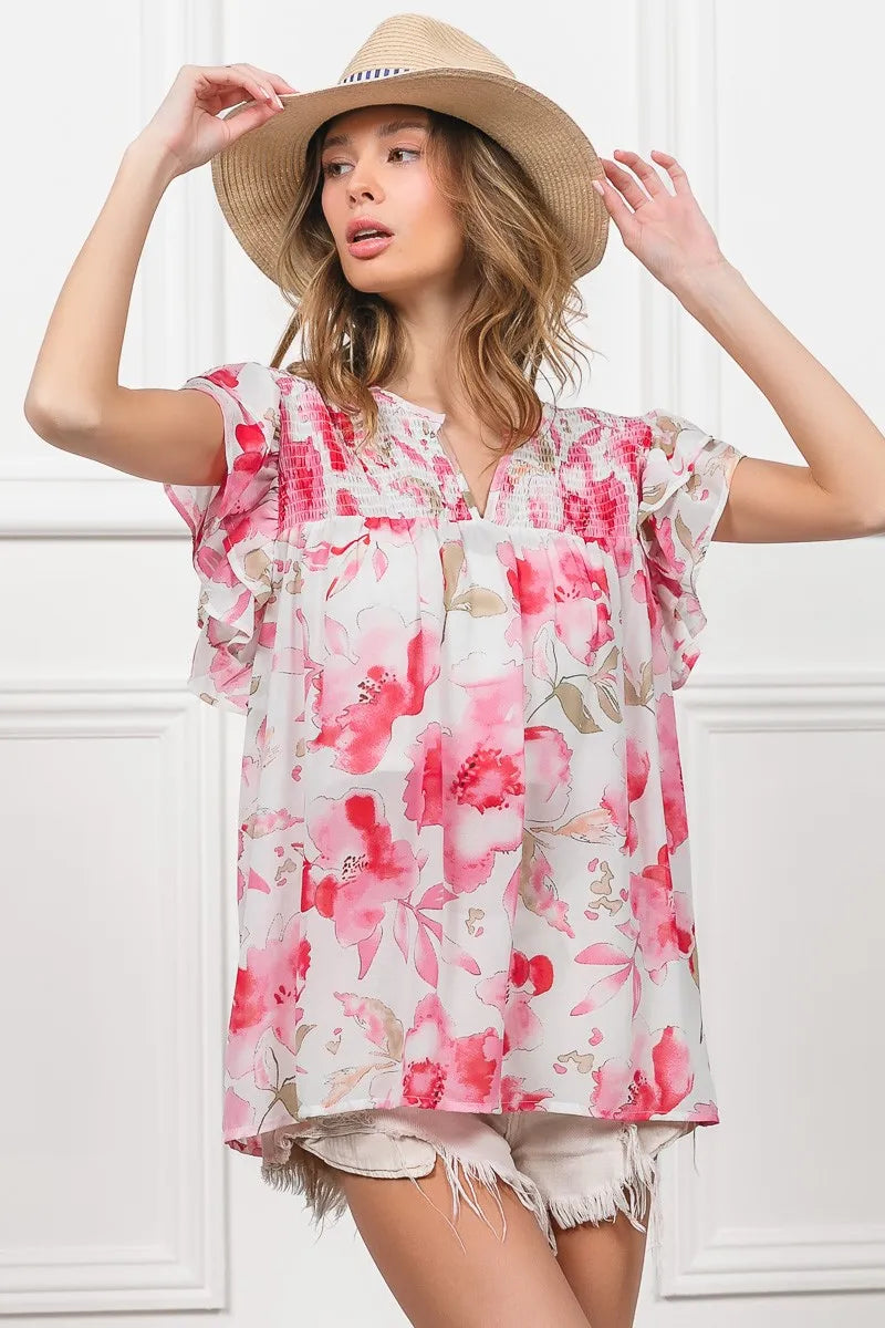 BiBi Floral Print Flutter Sheer Top - Tigbul's Variety Fashion Shop