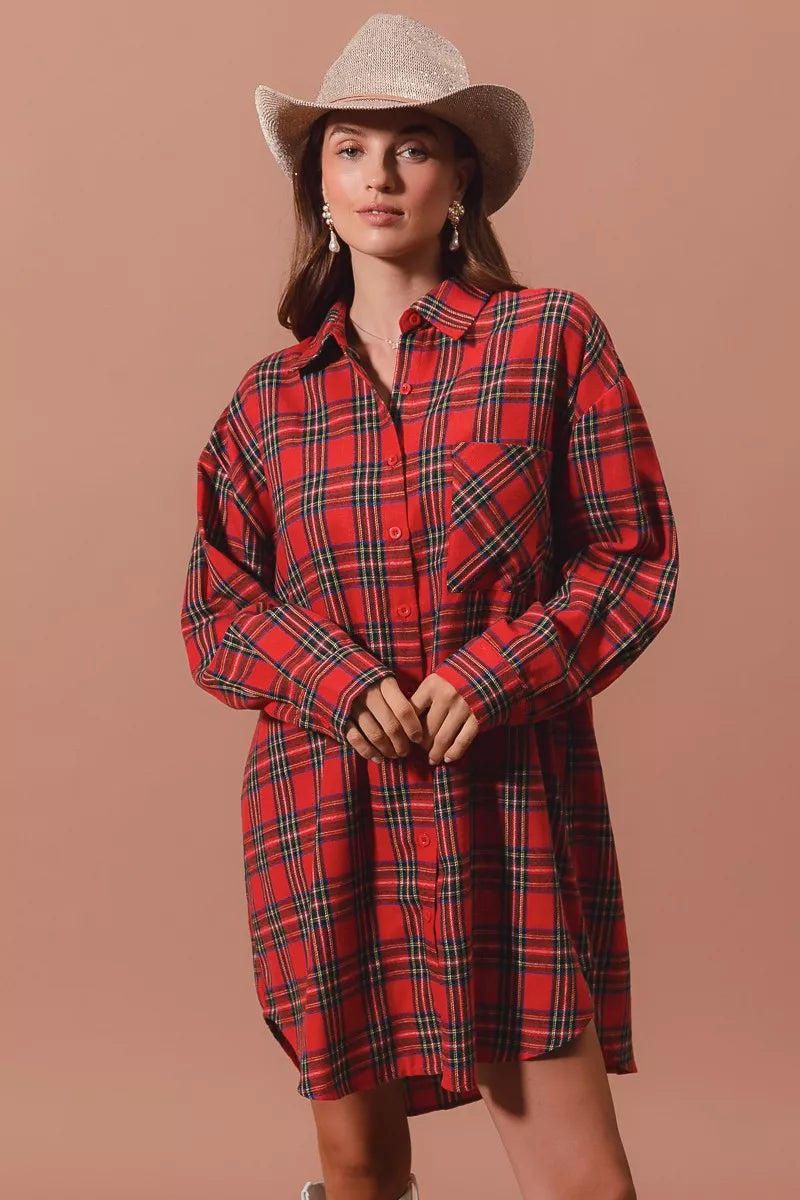 SO ME Christmas Checker Plaid Button Up Shirt Dress - Tigbul's Variety Fashion Shop