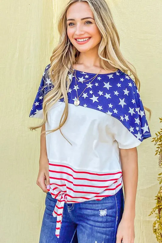 American Flag Print Tie Knot Front Casual Top - Tigbul's Variety Fashion Shop