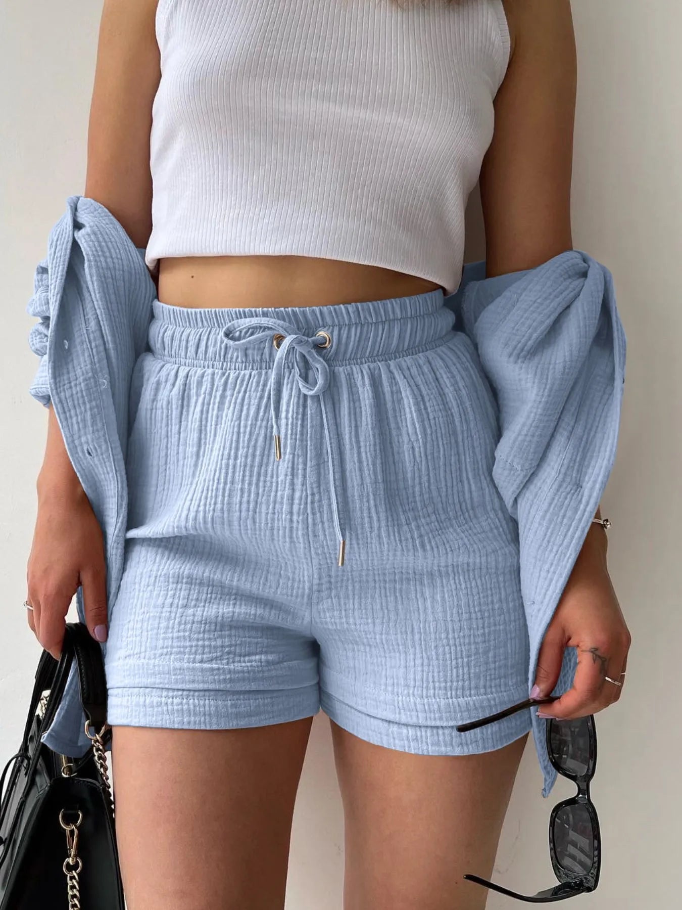 Textured Button Up Shirt and Shorts Set - Tigbul's Variety Fashion Shop