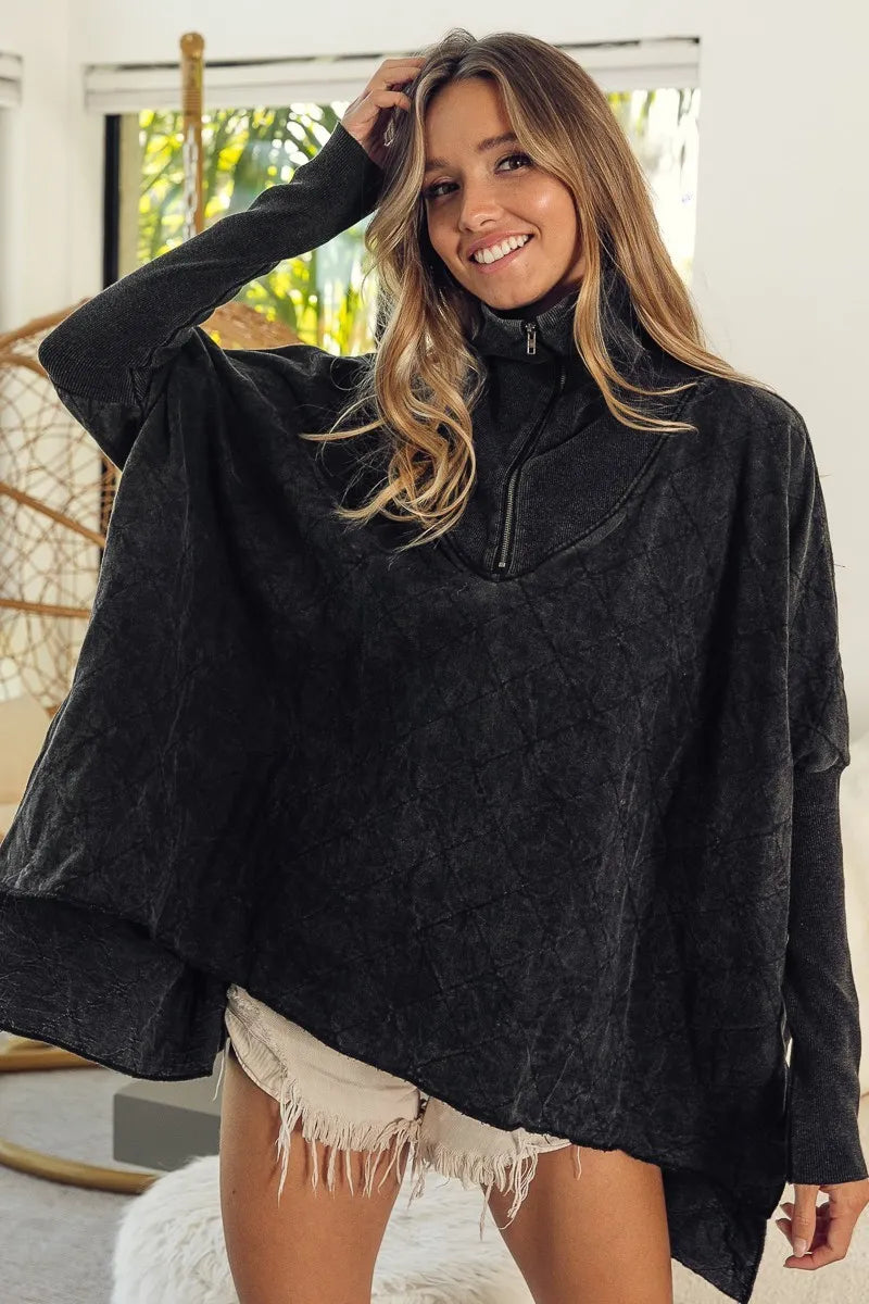 BiBi Vintage Washed Quilted Half Zip Top - Tigbul's Variety Fashion Shop