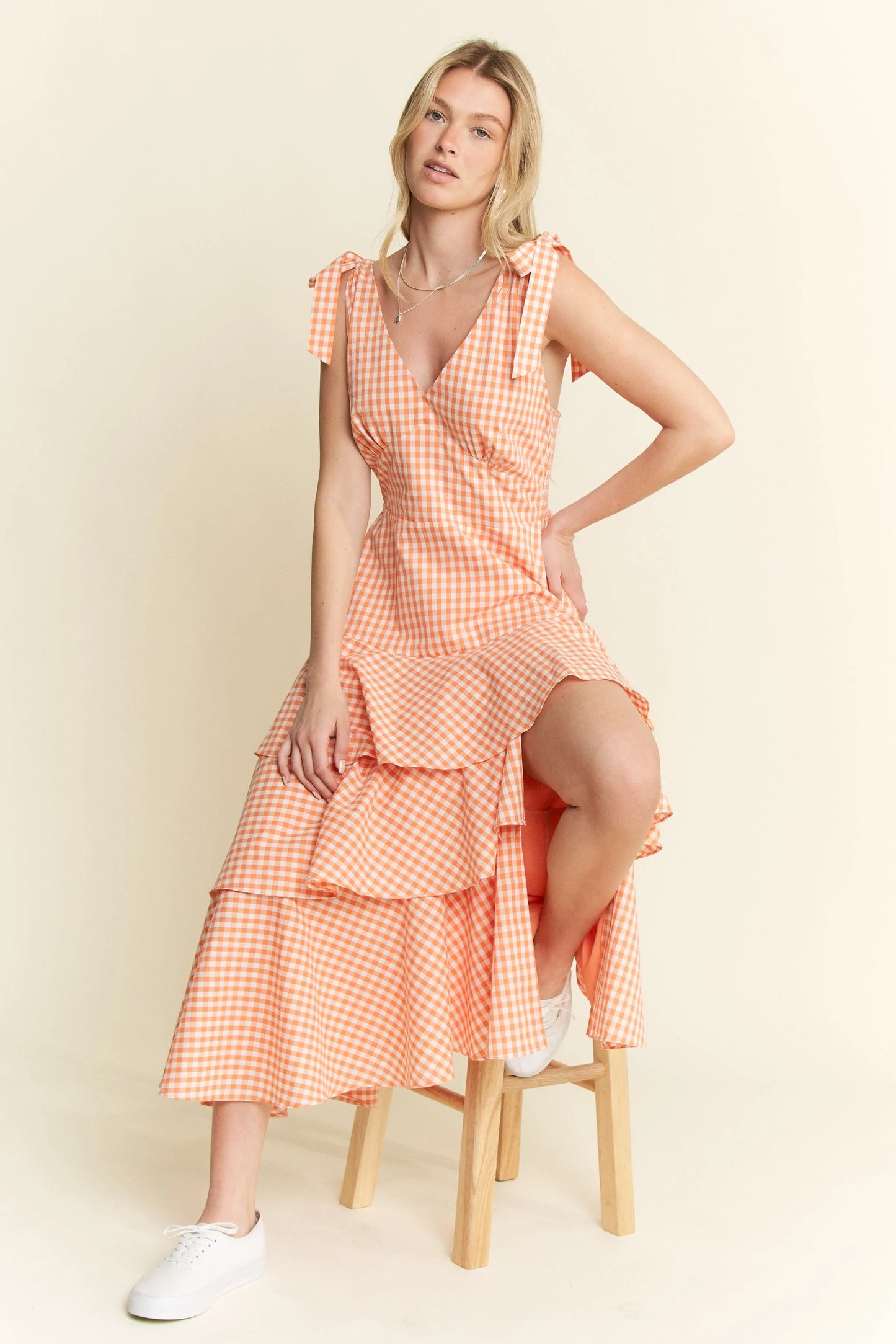Orange Sleeveless Gingham Print Tiered Midi Dress - Tigbul's Variety Fashion Shop