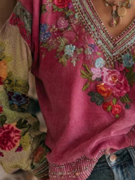 Floral Embroidered V-Neck Blouse Small to Plus Size | Tigbuls