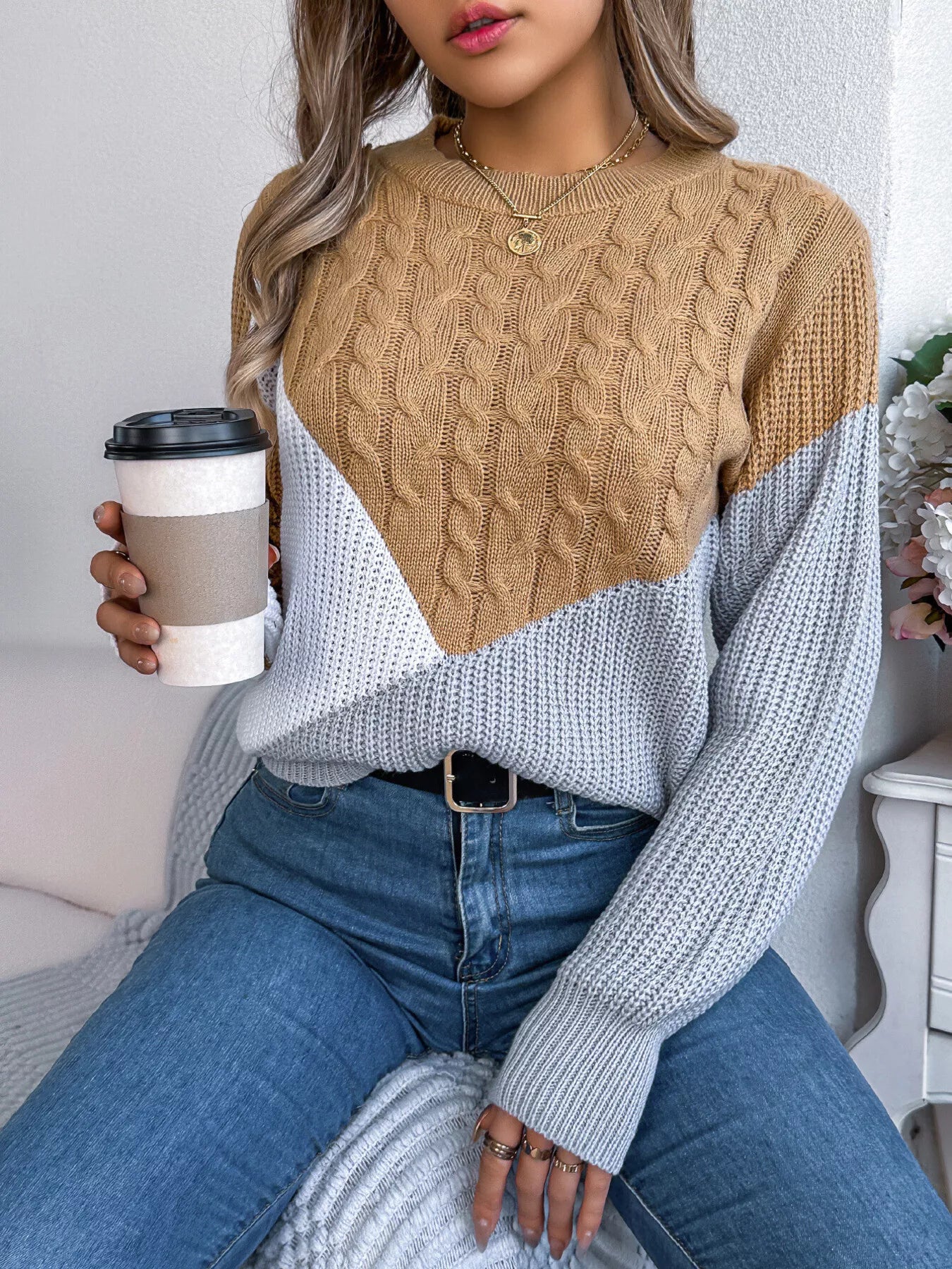 Color Block Cable Knit Long Sleeve Sweater - Tigbul's Variety Fashion Shop