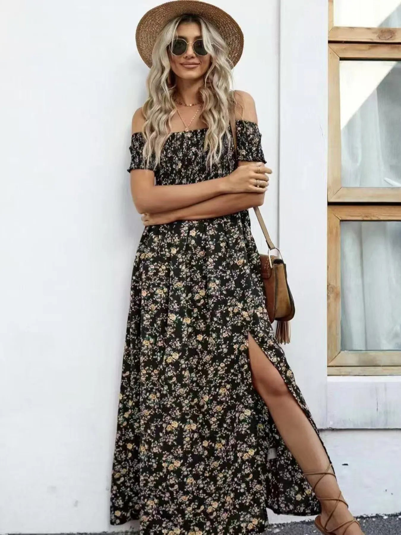 Full Size Slit Off-Shoulder Floral Midi Dress Plus Size - Tigbul's Variety Fashion Shop