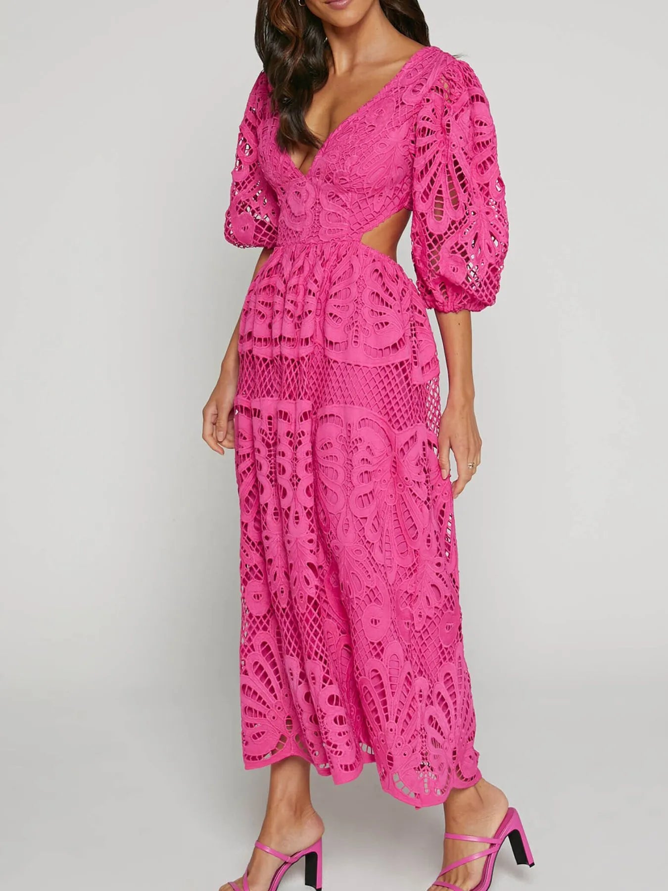 Cutout Back Lace Crochet V-Neck Dress - Tigbul's Variety Fashion Shop