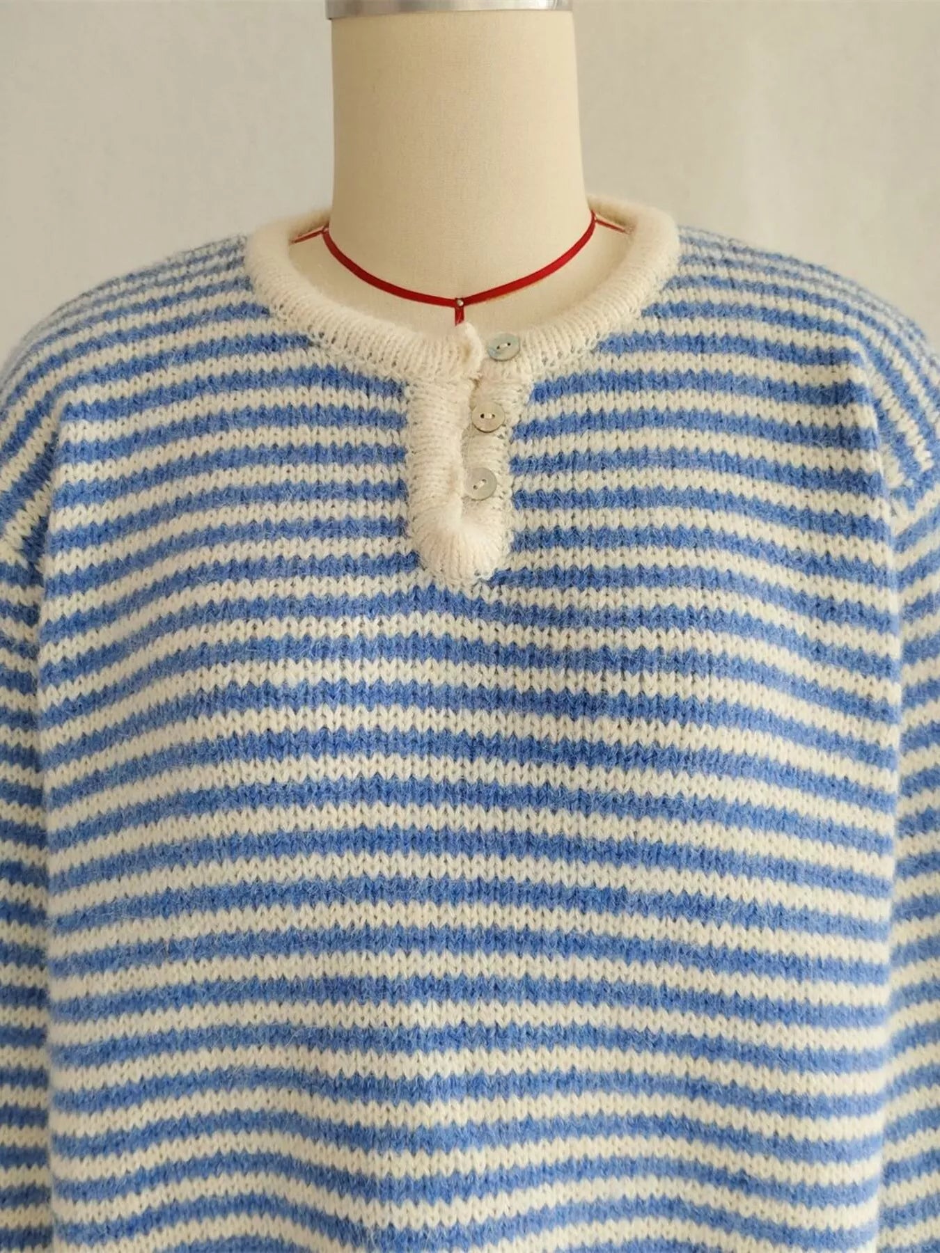 Striped Button Detail Long Sleeve Sweater - Tigbul's Variety Fashion Shop