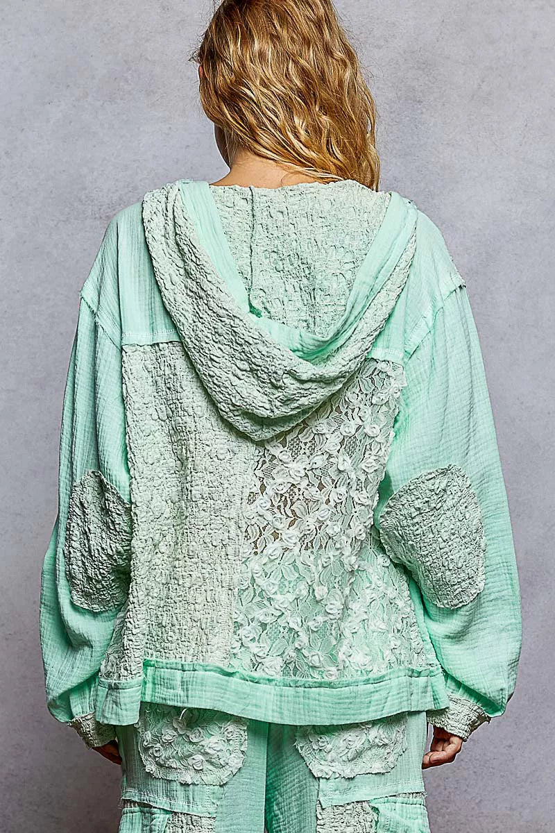 POL Exposed Seam Button Down Hooded Jacket with Lace Detail - Tigbul's Variety Fashion Shop