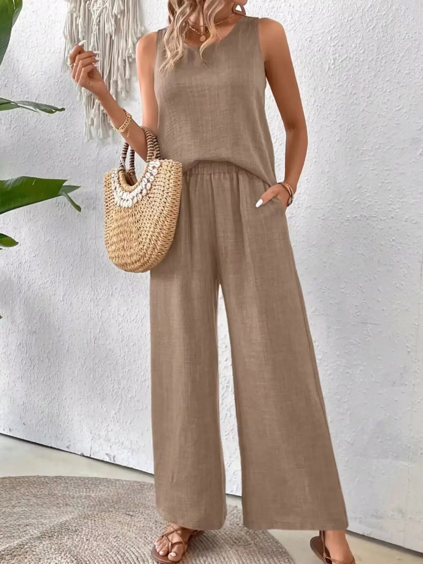 Round Neck Tank and Wide Leg Pants Set - Tigbul's Variety Fashion Shop