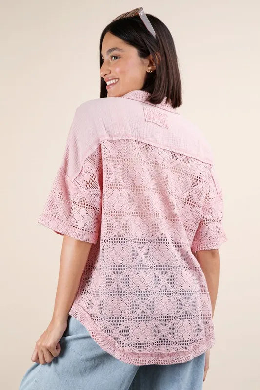Pink Plus Size Oversized Crochet Button Down Shirt Top - Tigbul's Variety Fashion Shop