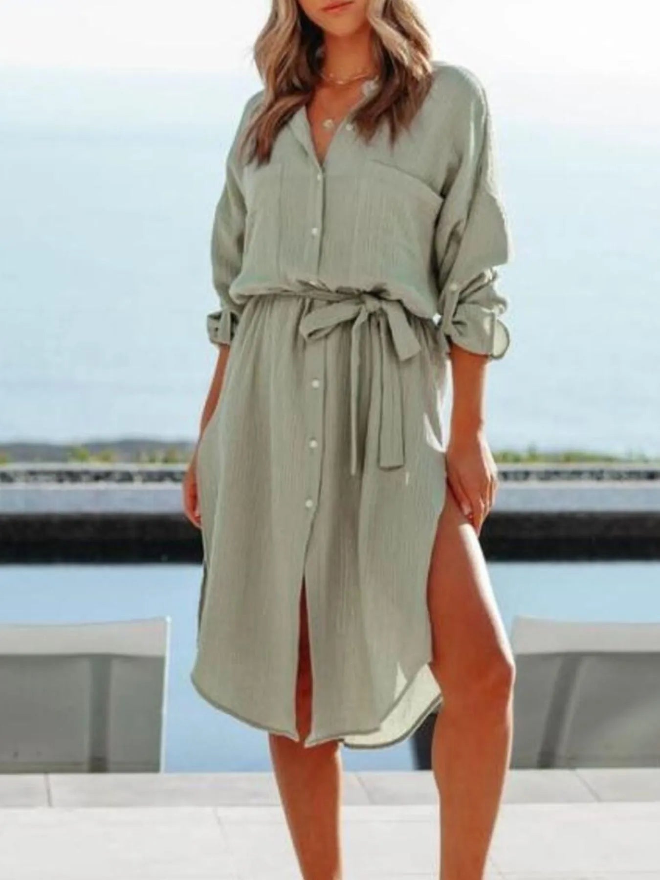 Button Down Tie Waist Shirt Dress - Tigbul's Variety Fashion Shop