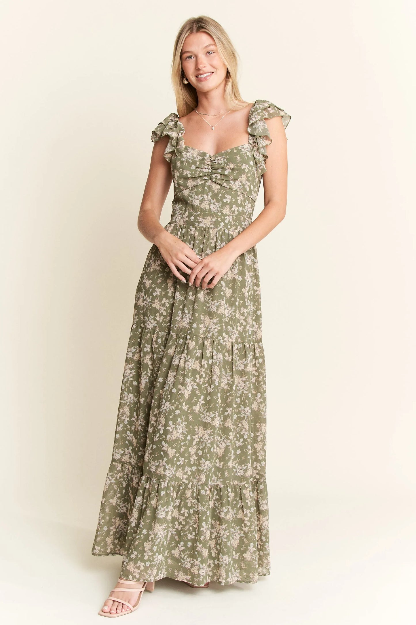 Sage Green Ruffle Sleeve Tiered Maxi Dress - Tigbul's Variety Fashion Shop