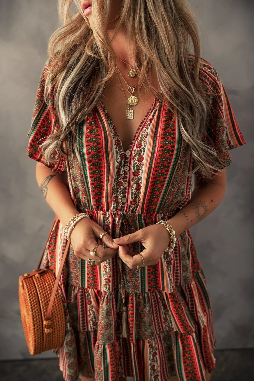 Bohemian Floral Print Buttoned V Neck Ruffle Tiered Dress - Tigbul's Variety Fashion Shop