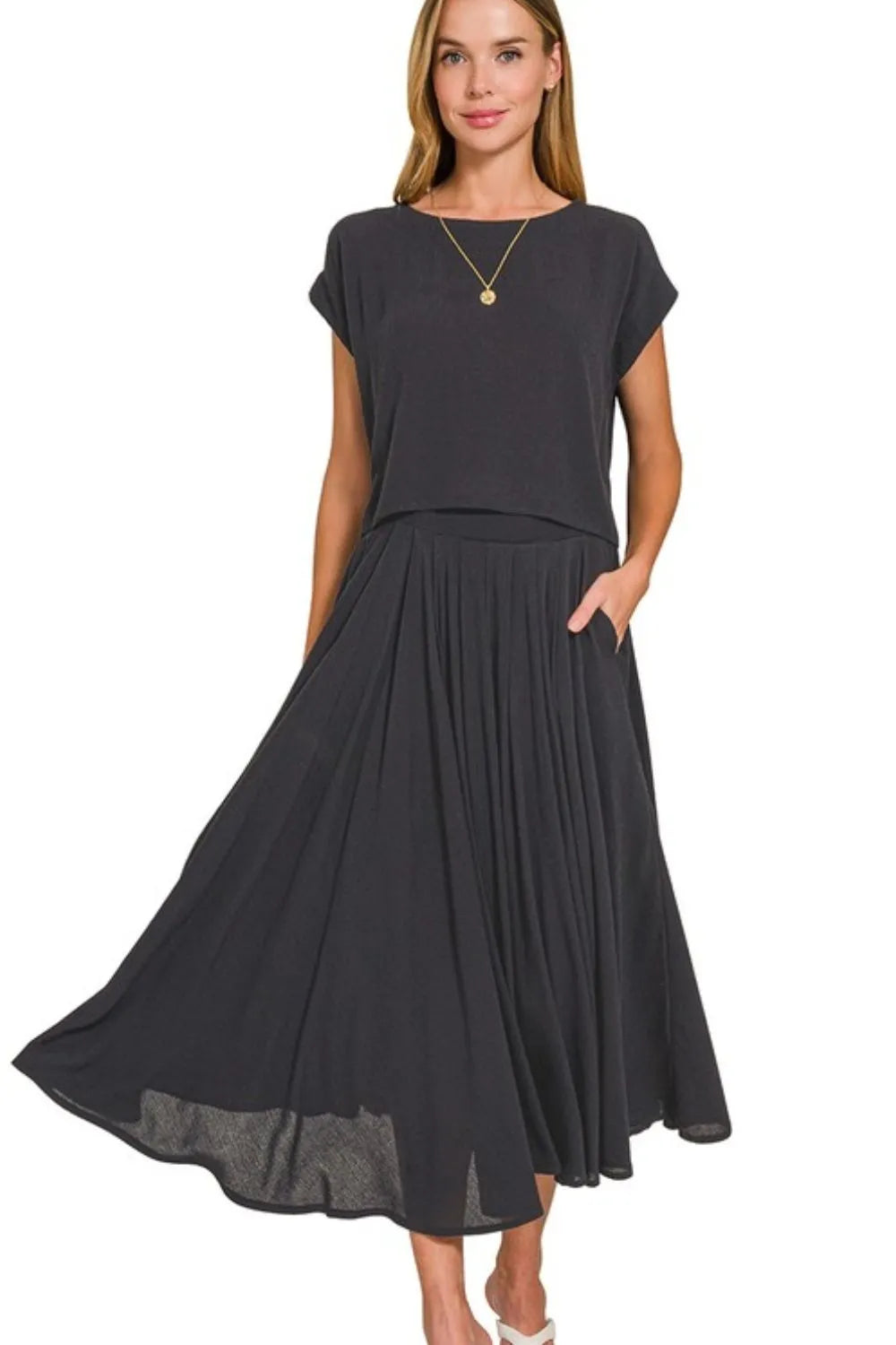 Black Woven Crinkle Gauze Crop Tee and Skirt Set - Tigbul's Variety Fashion Shop