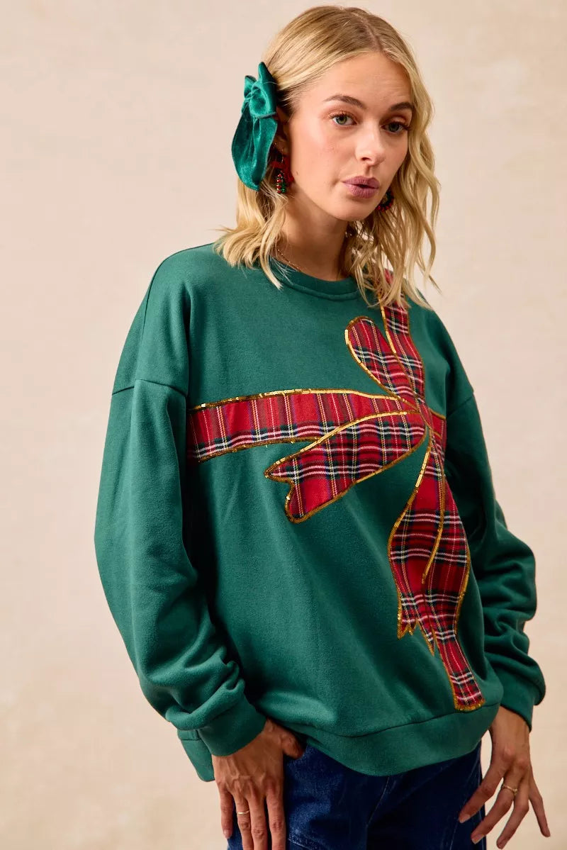 Plaid Ribbon Bow Detail Christmas Fleece Pullover Sweater - Tigbul's Variety Fashion Shop